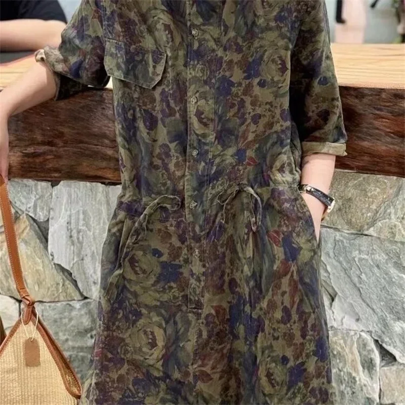 2025 신상 봄 빈티지 플로럴 프린트 점프수트 여성 한국 패션 루즈핏 밴딩 반팔 점프수트