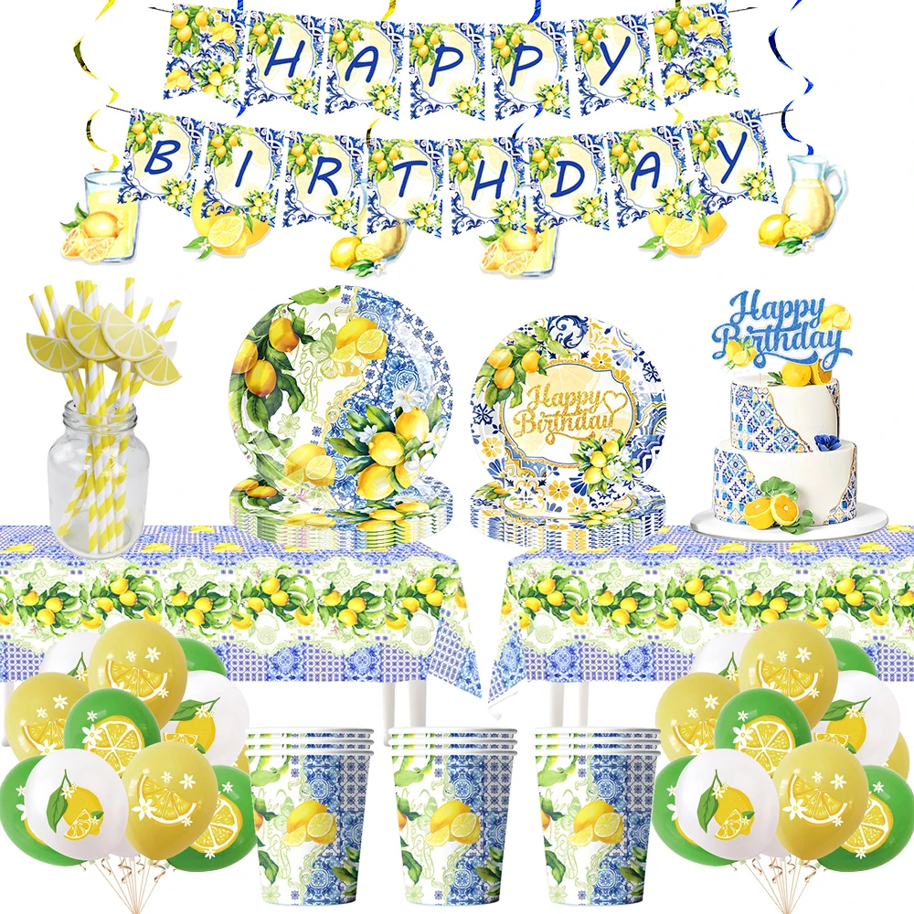 Vaisselle jetable pour fête au citron, assiette en papier, serviette, fête aux fruits d'été, thème citron jaune, fournitures de fête d'anniversaire pour enfant, réception-cadeau pour bébé