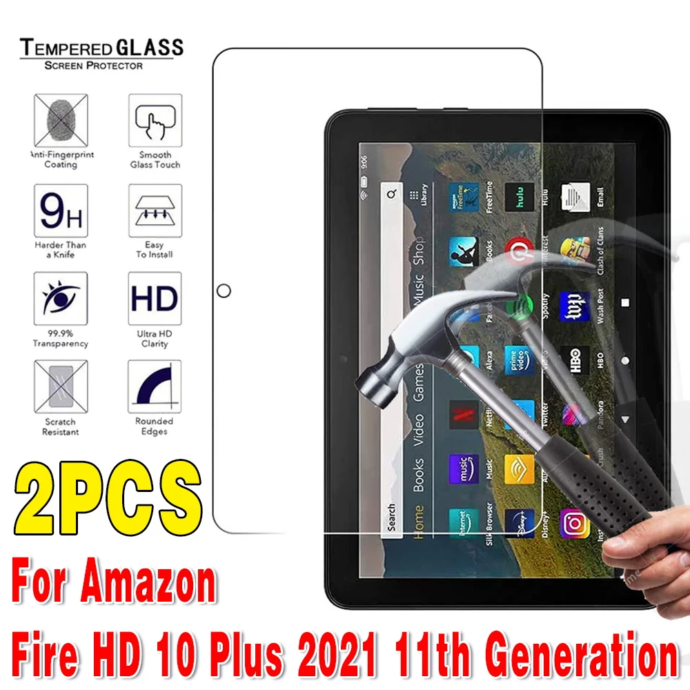 Protector de pantalla de vidrio templado para tableta Fire HD 10 Plus 2021, cobertura completa, generación 11, 2 unidades