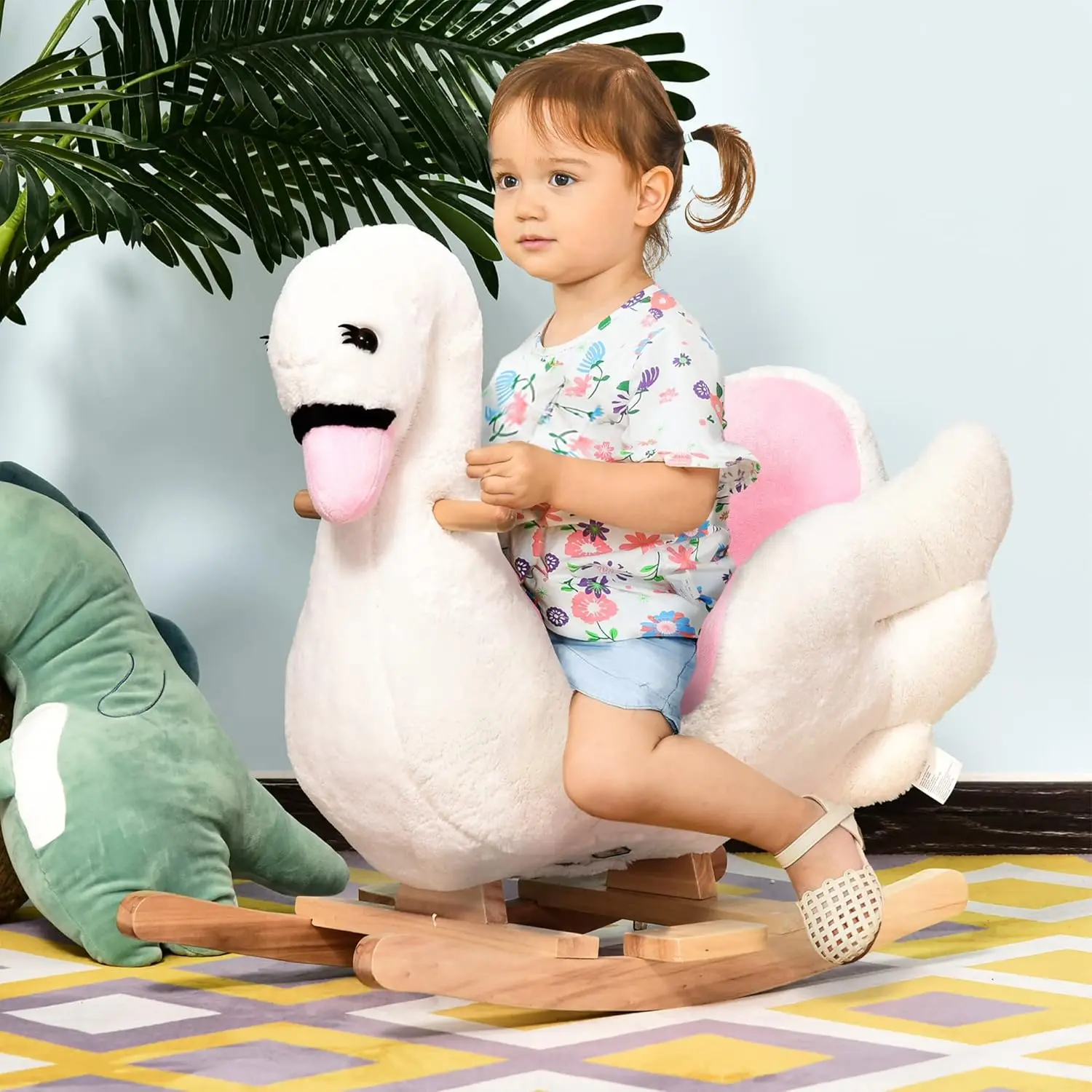 

Qaba Kids Ride On Rocking Horse Plush Swan Style Toy with Music for Over 18 Months Children, White and Pink