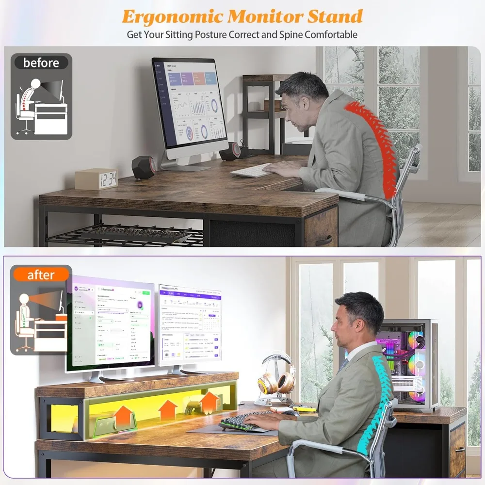 L-Shaped Gaming Desk with LED Lights and Power Outlet, 48-Inch Corner Computer Desk with Drawers, Reversible Office Desk