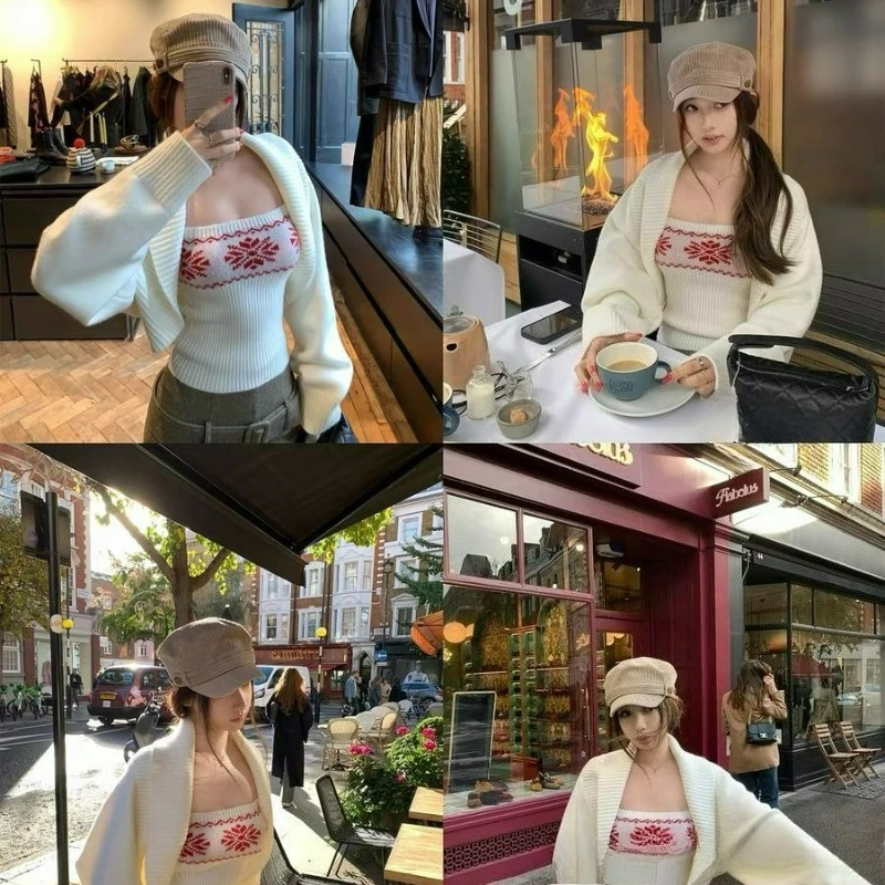 2026 Autumn/winter New Elegant Stylish Solid-color Warm Short Top A Two-piece Cardigan/halter Knitted Two-piece Set for Women's 4