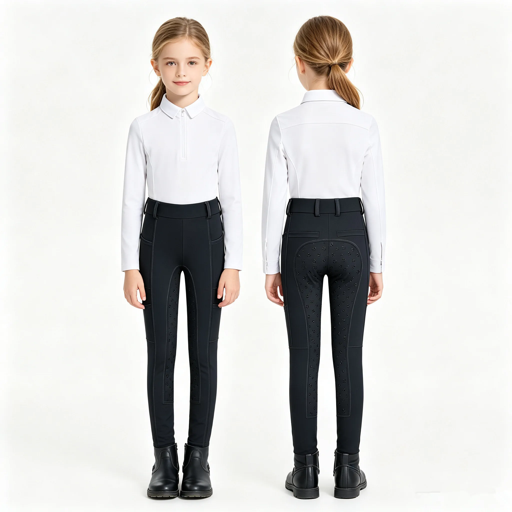 Kids Anti-slip Full Seat Breeches Equestrian Pants Horse Riding Trousers Multiple Pockets Leggings for Training Performance