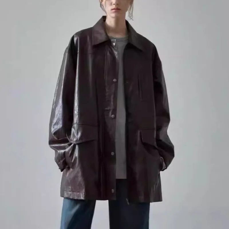 HKSH Frühling Herbst Neue Wome Jacke Faux Leder drehen-unten Kragen Einreiher Punk Streetwear Trendy Mid-Länge Mantel HK11368