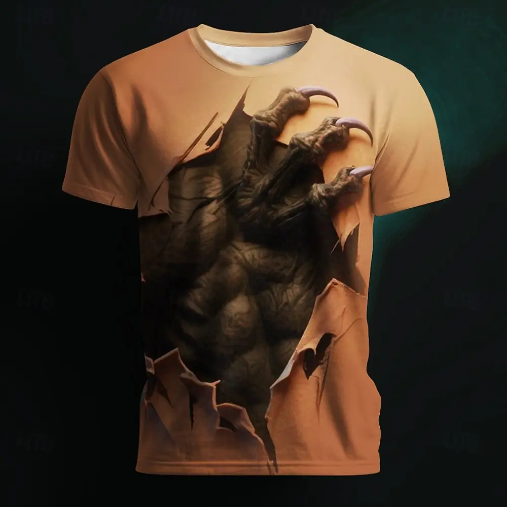 Halloween Men's Optical Illusion 3D Claw Marks T Shirt Short Sleeve T shirt 3D Print Crew Neck Shirt