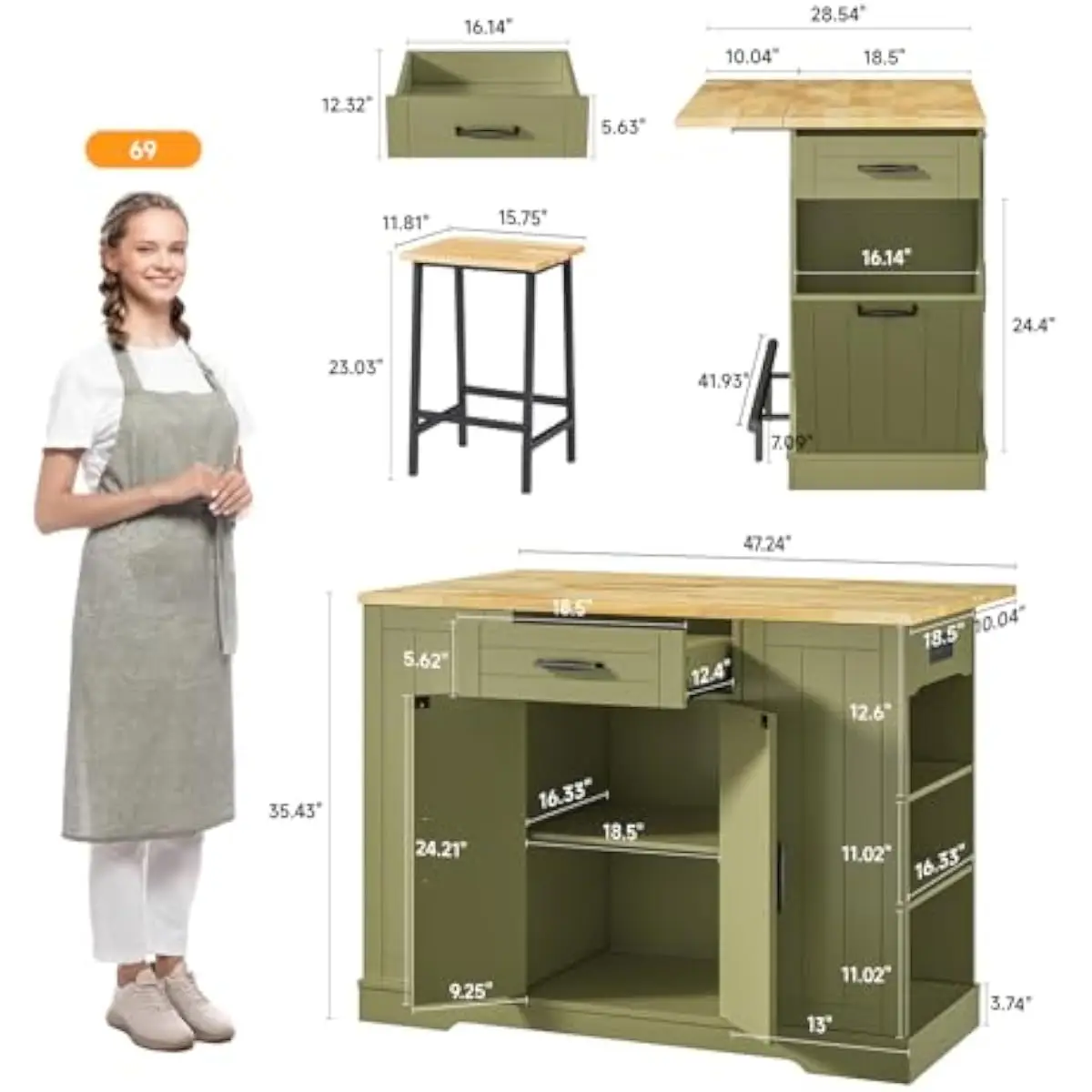 47.24 W x 28.54 D x 35.43 H Inch Stationary Kitchen Island Featuring Foldable Drop Leaf Countertop Adjustable Feet Metal Frame T