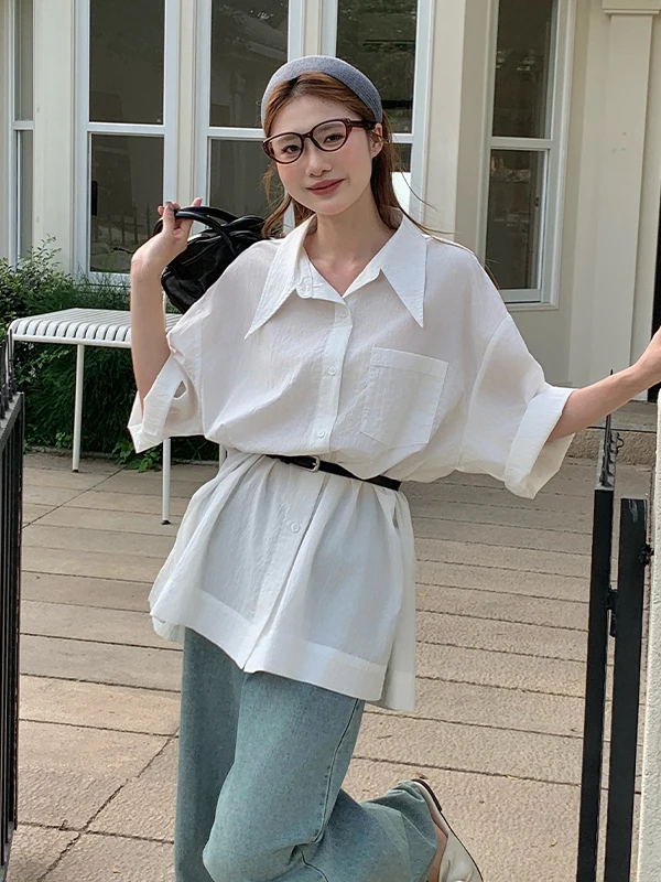 

Korean Style Women's Shirt Sharp Collar Five Sleeve Loose Waist Design Slimming Effect Youthful Texture Sensation White Shirt