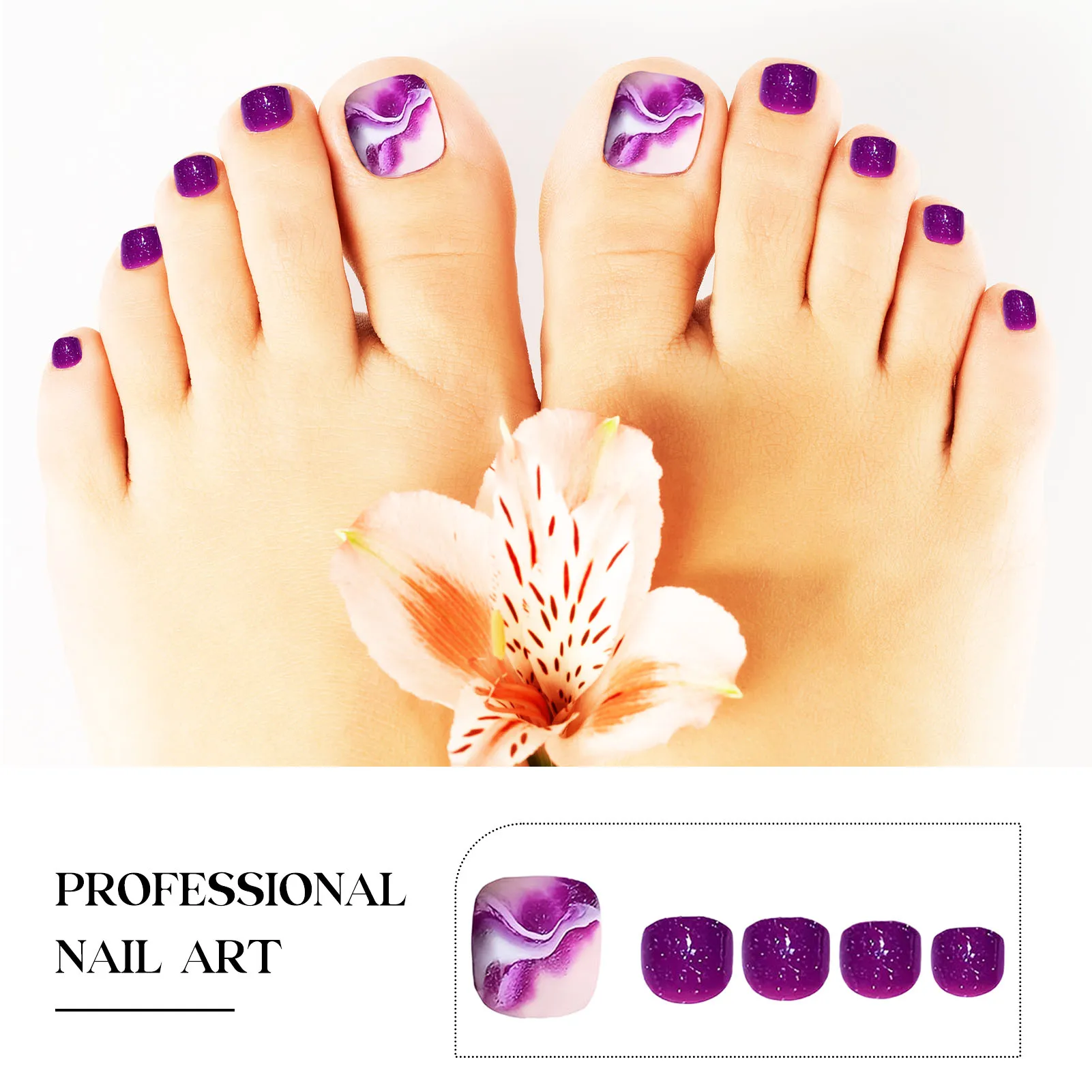 Purple Fake Toenailswith Smudging Design Durable & Never Splitting Comfort Fake Nails for Shopping Traveling Dating