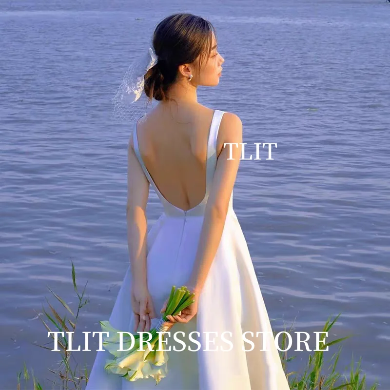 TLIT Elegant Silk Satin HI-LO Wedding Dress Wide Spaghetti Strap Bridal Gowns Korea Wedding Dress Photos Shoot Customized 웨딩드레스