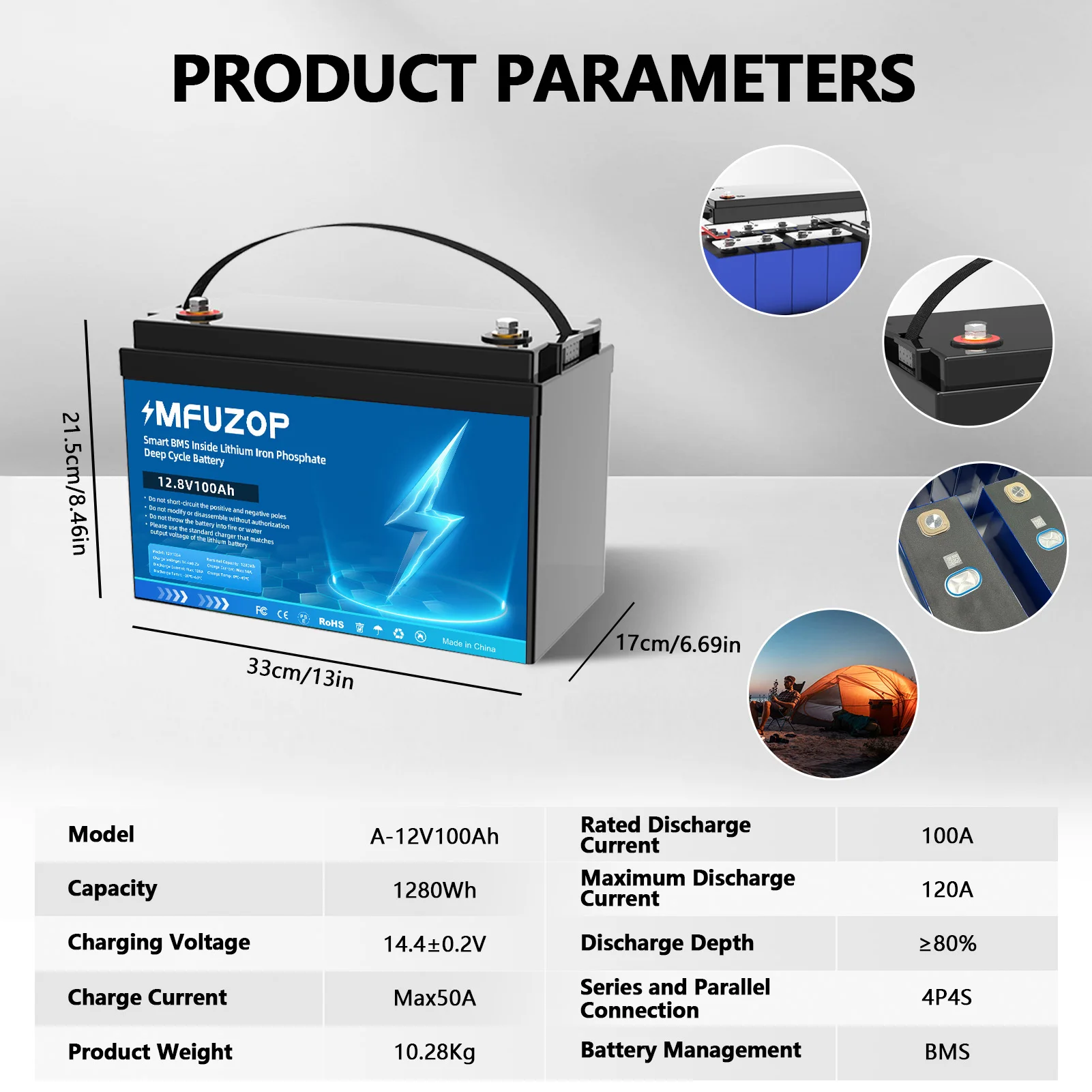 MFUZOP Draagbare Oplaadbare LiFePO4 Batterij 12V 100Ah Deep Cycle 10000+ Ingebouwd Intelligent BMS-systeem voor Camperen Geen BTW