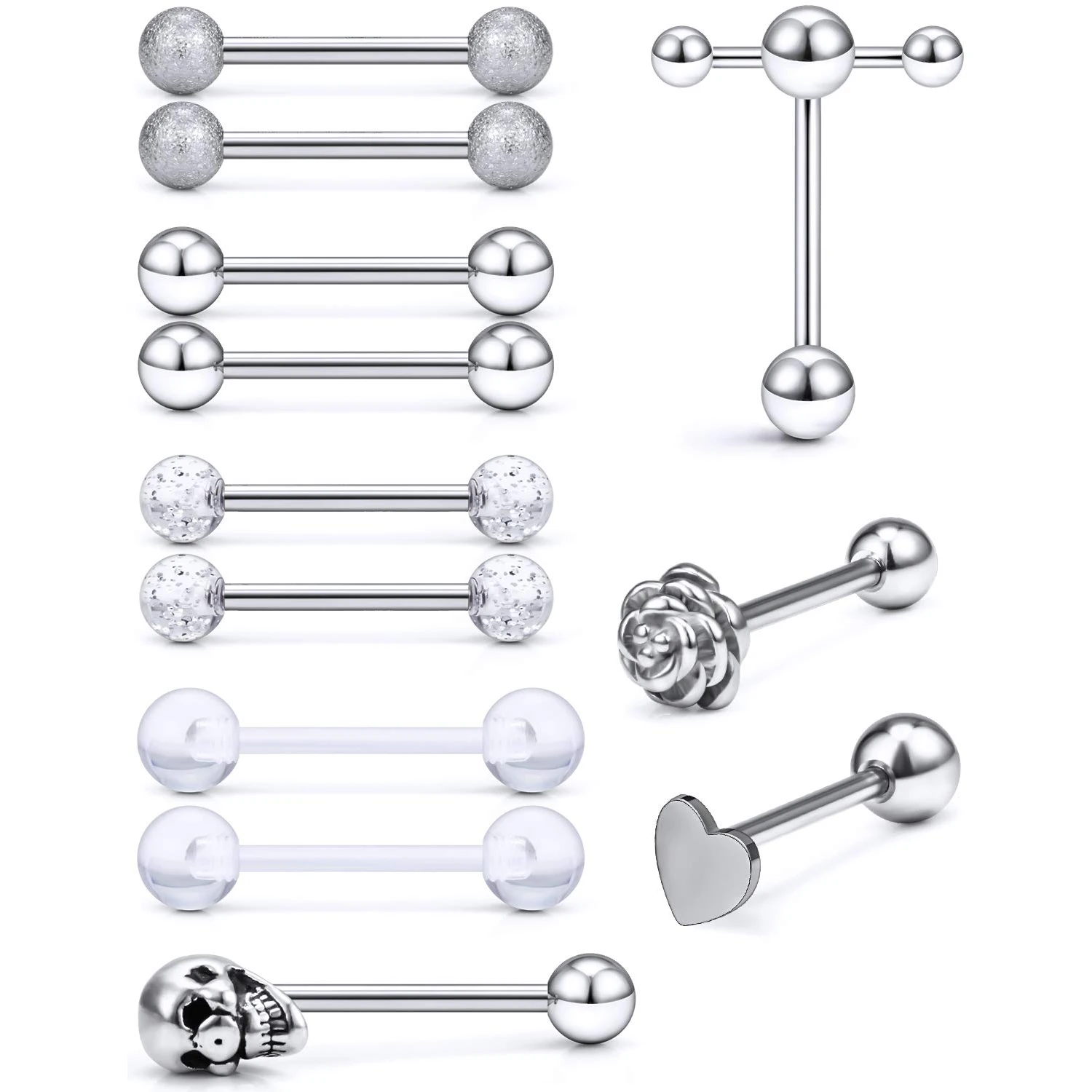 1pc/2pcs 16mm 14G Stainless Steel Metal Plastic Tongue Ring Flower Heart Long Barbell Nipple Piercing Jewelry for Women