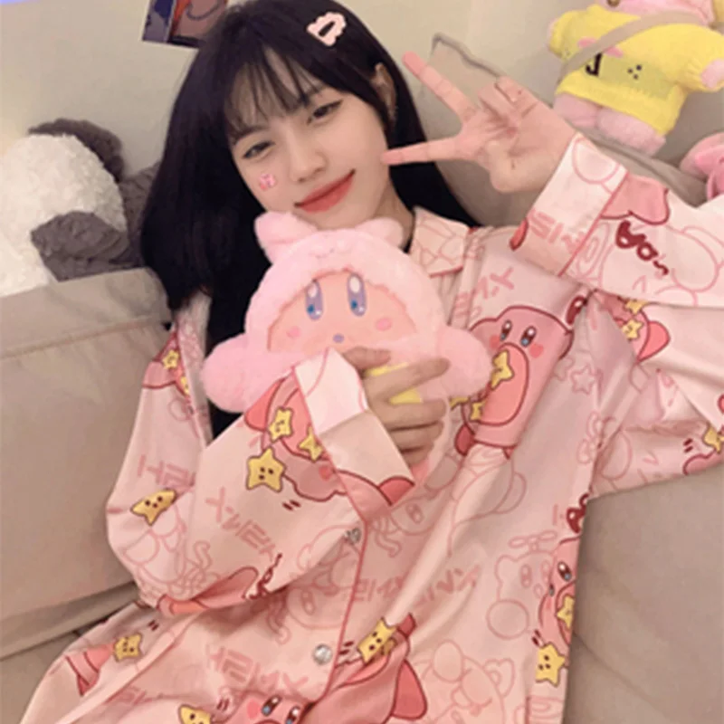 2023 New Kirby Cartoon Girls\' Pajamas Spring And Autumn Ice Silk Long Sleeve Home Wear Cute Thin Soft Pajamas Set Christmas Gift