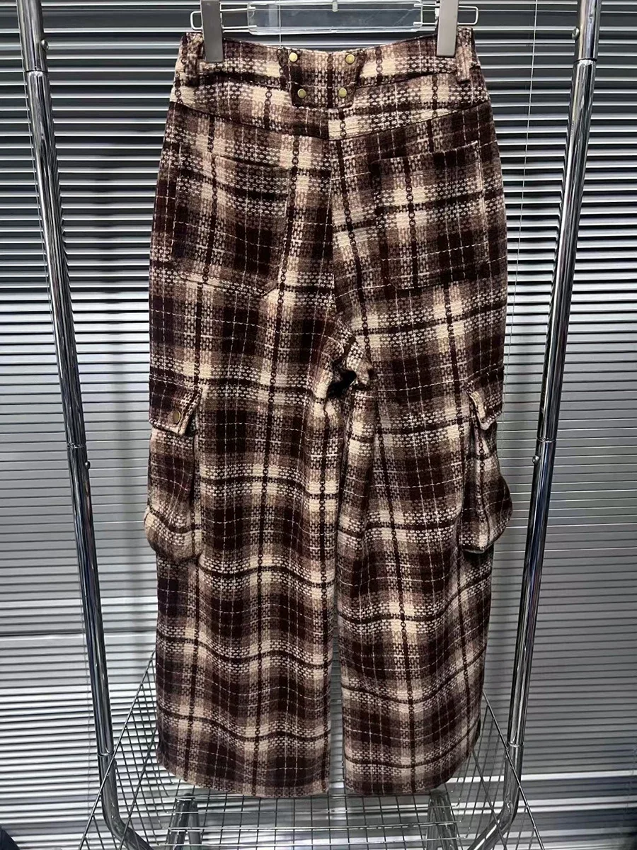 VGH Spliced Plaid Trousers for Women Midi Waist Patchwork Darwstring Multi Pockets Designer Casual Fashion Wide Leg Pants Female