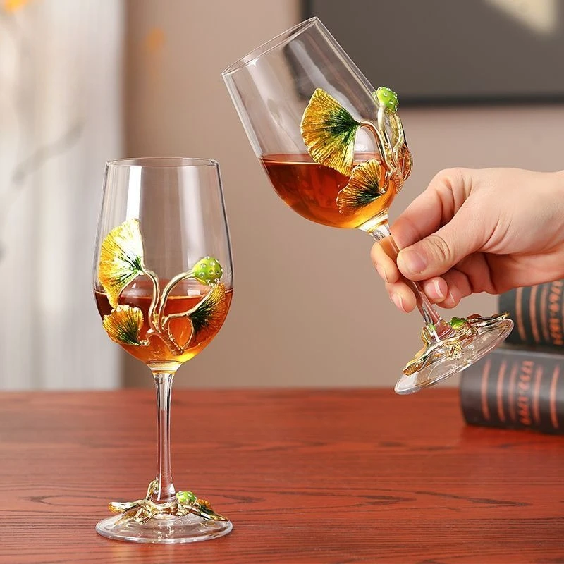 Creative Ginkgo Enameled Red Wine Glass Set, Carved Goblet for Home Tasting, Elegant Glass for Daily Vintage Enjoyment