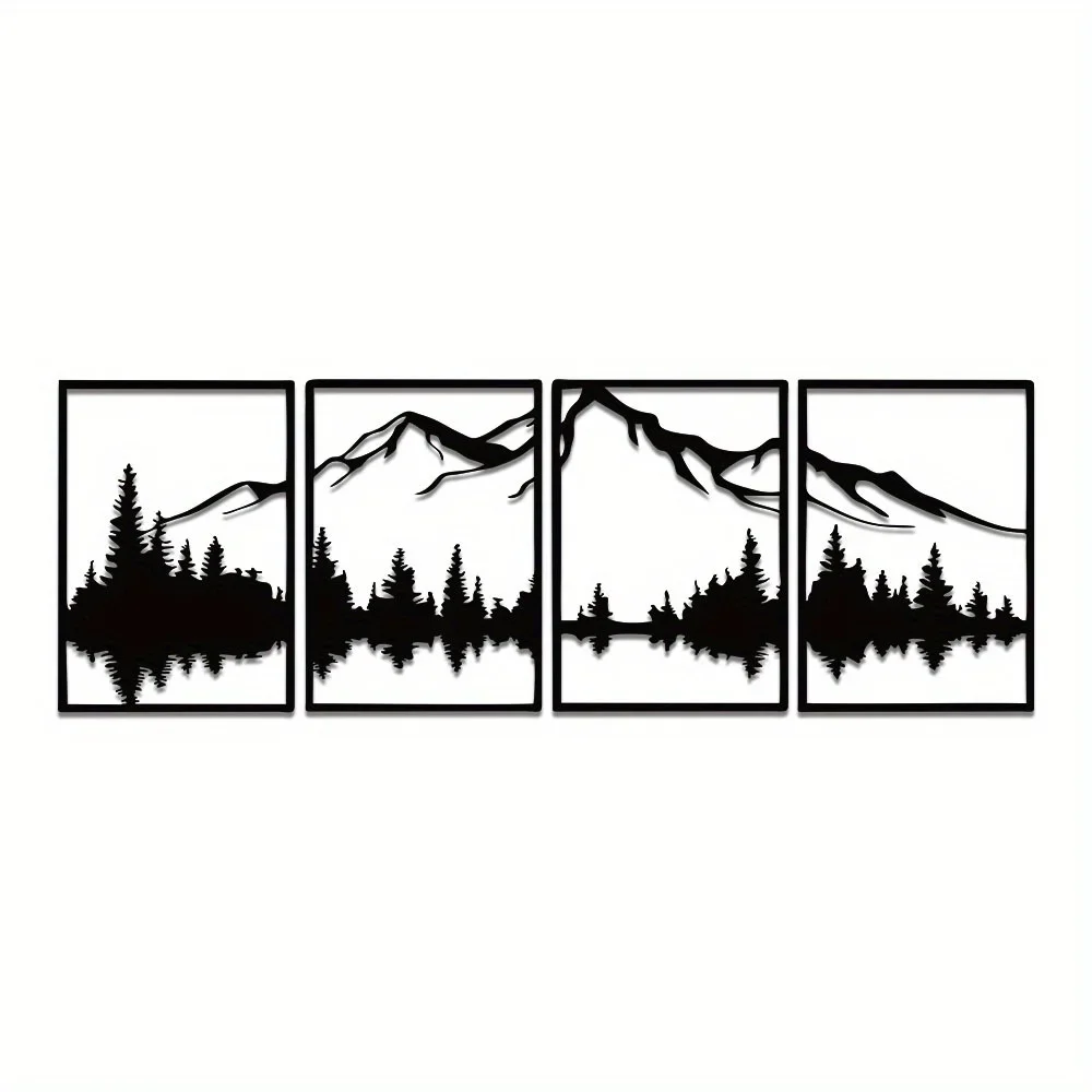 CIFBUY 4Pcs Set Forest Gable Metal Wall Art, Art Deco Black Iron Landscape Silhouette Sculpture,Powder-Coated Rustproof Waterpro