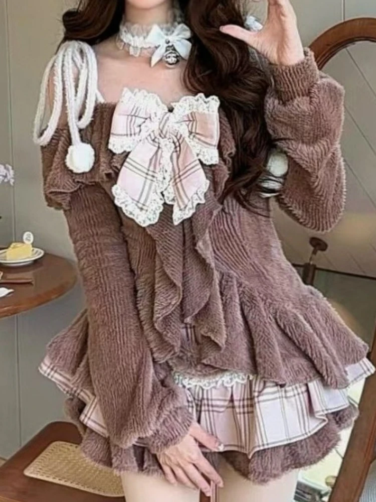 Japoński zestaw Sweet Lolita, dwuczęściowy, damski, bluzka z długim rękawem i kokardą + mini spódniczka w kratę, zimowy, kobiecy, kawaii, modny zestaw, nowość 2025