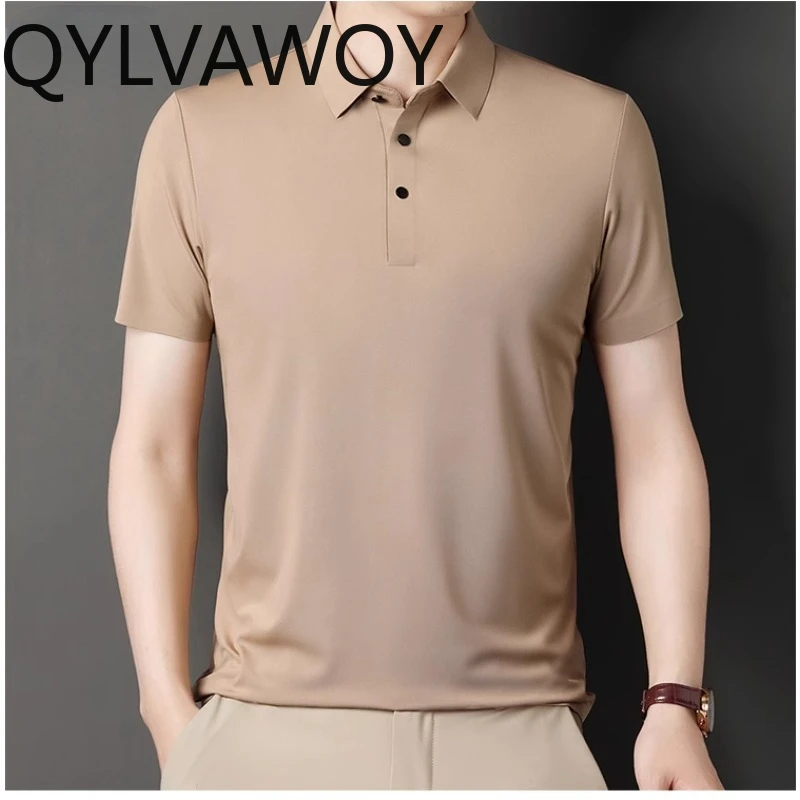 QYLVAWOY 100% Mulberry Silk Mens T Shirt Short Sleeve Black Top Solid Color Thin Style Polo T-shirts for Men Summer Clothes 2024