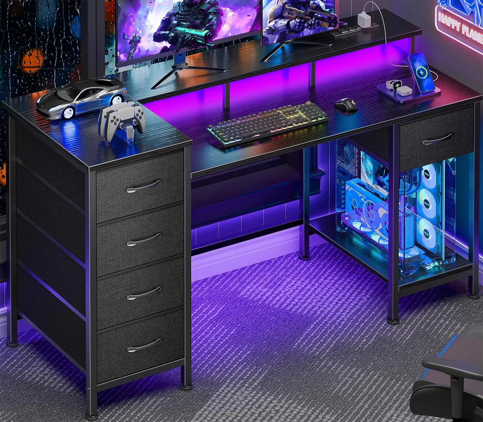 47 Inch Gaming Computer Desk with Power Outlets,LED,5 Drawers,Black