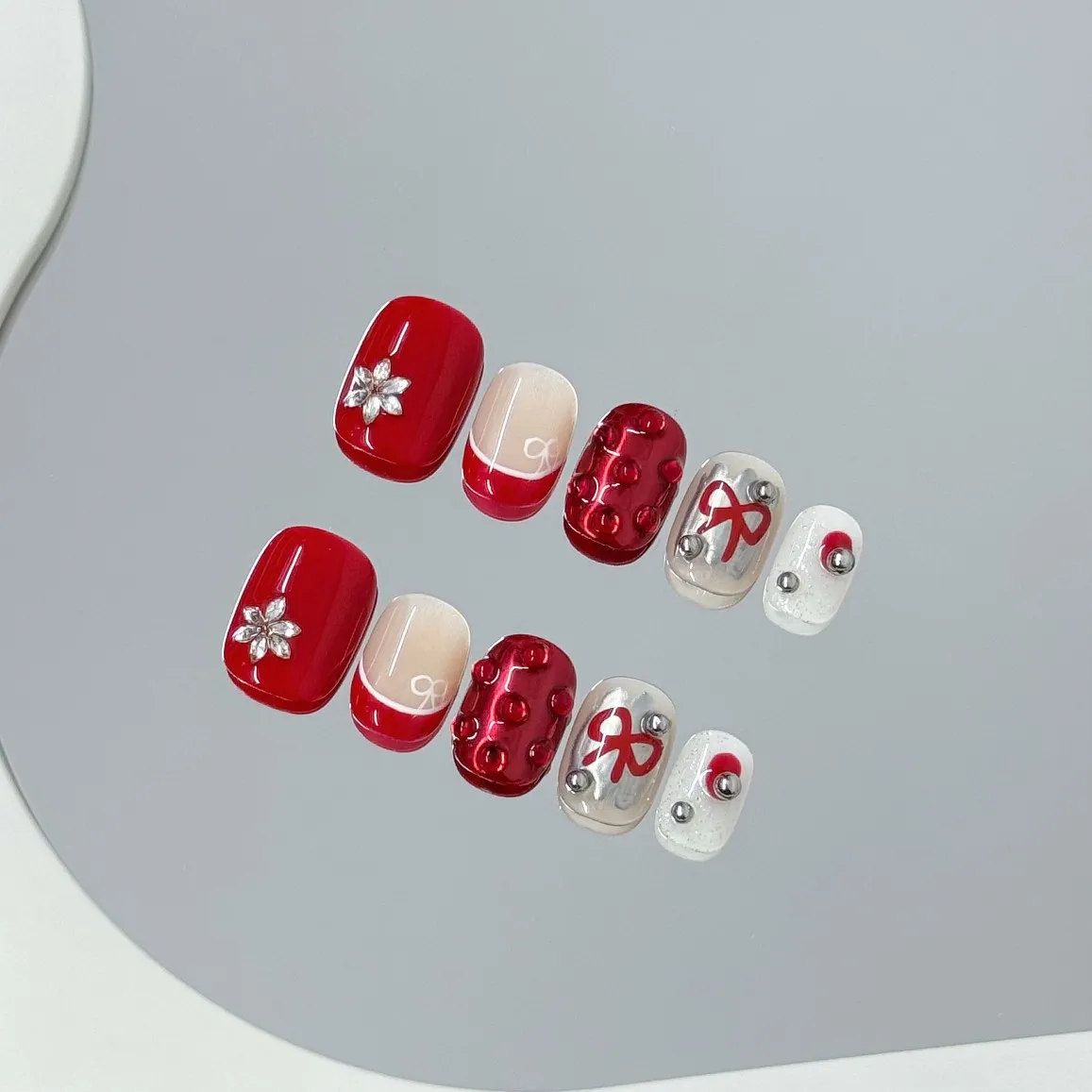 10 Stück handgemachte rote französische Nägel zum Aufdrücken, Weihnachten, Katzenauge, künstliche Nägel, tragbar, europäischer Winter, Glitzer, Diamant-Dekor, künstliche Nägel