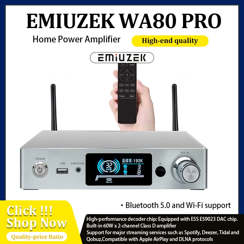 

Emiuzek WA80 Pro WiFi & Bluetooth 5.0 Power Amplifier 60Wx2 Stereo HiFi 2.1 CH Digit Streaming media player Sound Amplificador