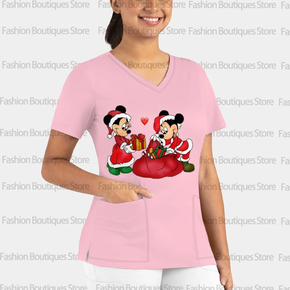 여성용 세련된 의료 작업복, 크리스마스 스타일, 디즈니 미키 마우스 프린트, 여름 캐주얼 브이넥 반팔 수술복