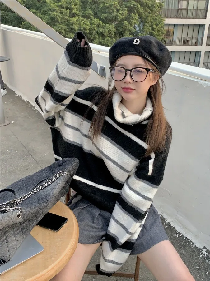 Retro Gestreepte Hoge Kraag Luie Sle Warme Trui Dames Herfst 2025, Nieuwe Casual Losse Ort Gebreide Top Comfortabele Pasvorm