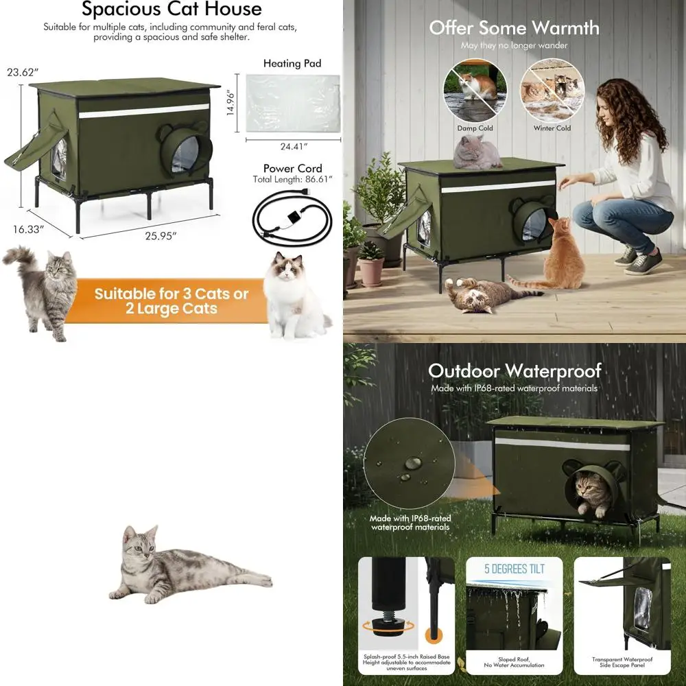 

Large Weatherproof Insulated Outdoor Cat Shelter with Timer-Controlled Heating Pad and Zippered Doors