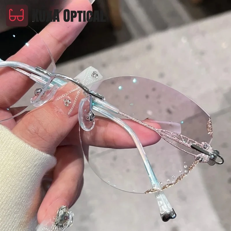 

Женские безободковые очки-бабочки из титана с синими линзами, элегантные очки по рецепту, женские очки с бриллиантами, прозрачные линзы