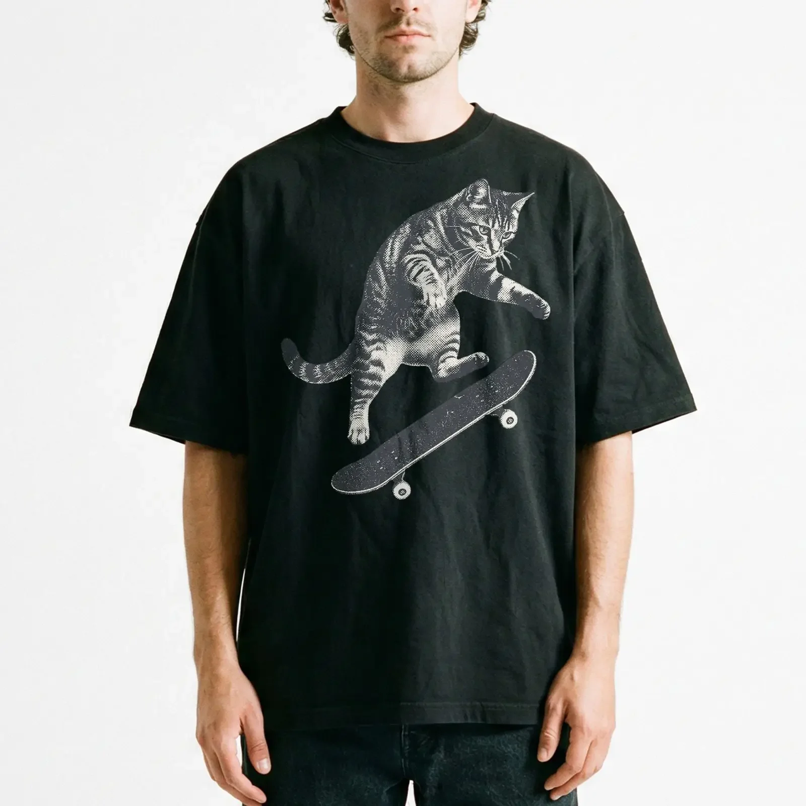 Retro Kickflip Skater Cat T Shirt Vintage Skateboard Action Kitten Sports vintage Washed Stylish Stretched Soft