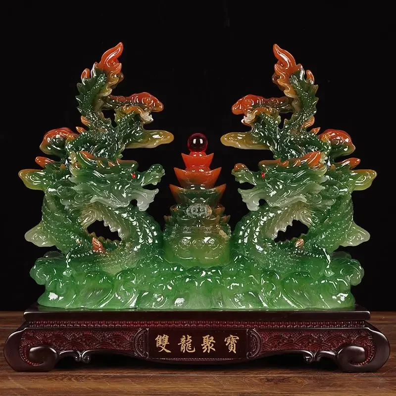 Chainese Style Fengshui Zhaocai Double Dragon Treasure Pot Brings Wealth Green Dragon Decoration Living Room Office Decoration