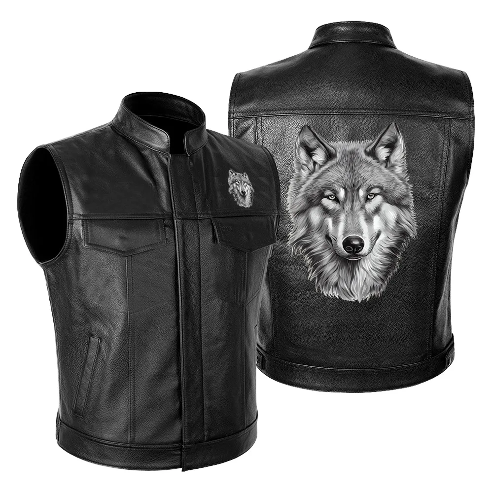 Black Men Motorcycle Rider Vest  Fashion Printed Wolf Warrior Autumn Winter Motorbike Male Leather Waistcoats Trendy