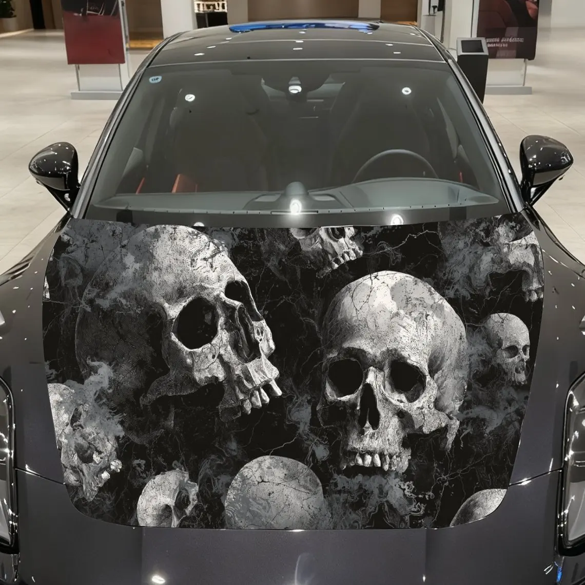 Car Decals A Multi-Skull In Monochrome Scene Close - Up With Textured Bone And Eerie Visual Depth Car Hood Sticker, Waterproof S