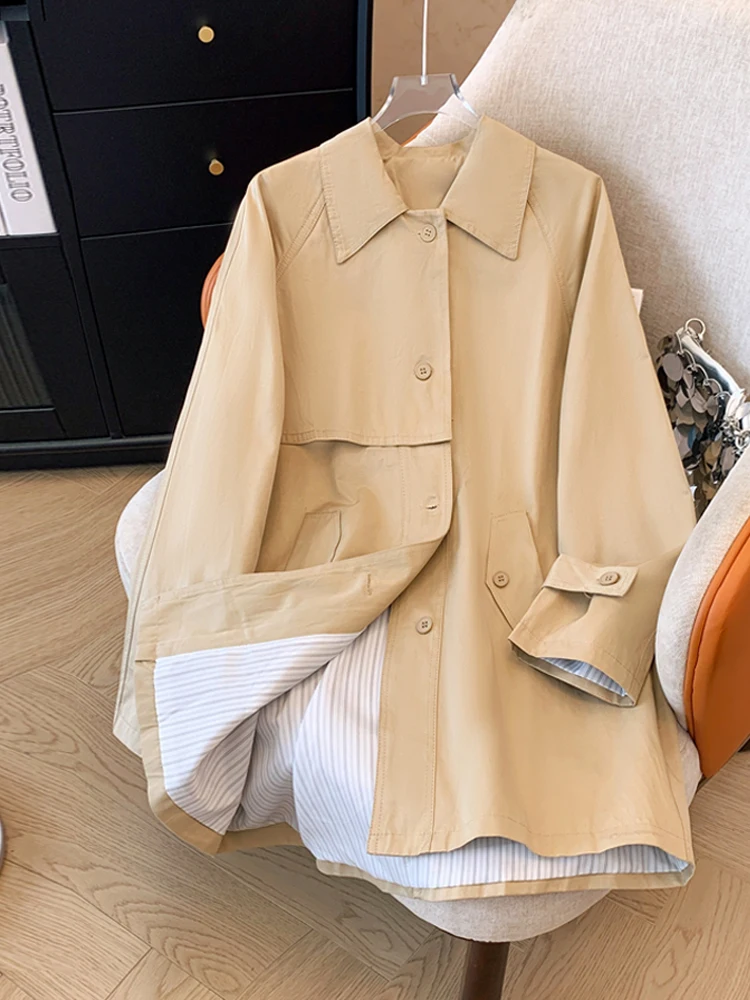 

plus Size Women's Elegant Khaki Long Coat Spring Season Casual High Waist Korean Style Windbreaker Jacket Slimming Outerwear