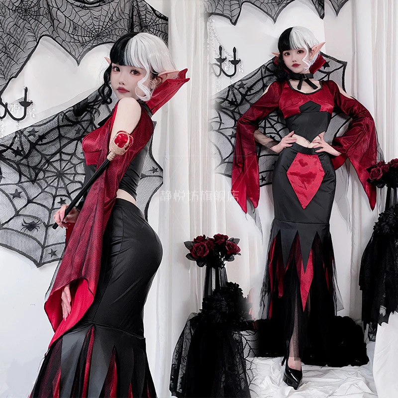 Halloween Costume for Women Sexy Vampire Cosplay Witch Attire Ghost Bride Queen Dress Half Length Skirt Disfraz Anime 3piece