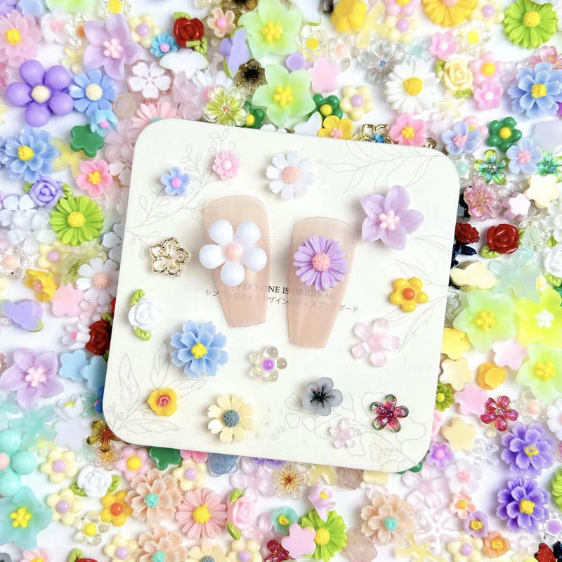 100Pcs Acrylic Flowers Nail Charms Random Mixed Resin Floral Rose 3D Nail Art Decoration Manicure Moon Heart Pearl Nail Jewelry