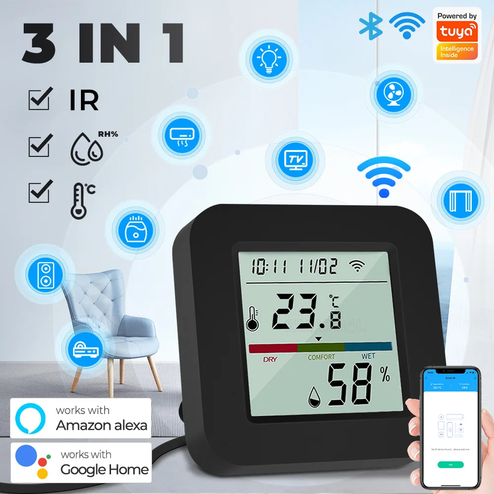 Tuya WiFi IR Universal Remote Control with Temperature And Humidity Sensor 3 in 1 Smart Life Voice Work With Alexa Google Home