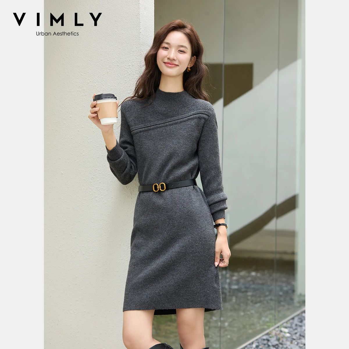 VIMLY Graue Kleider Frau Elegante 2025, Herbst Gestrickte Mock Neck Getäfelten Midi Dame Kleid Gerade Wolle Mischung Weibliche Kleider 75187