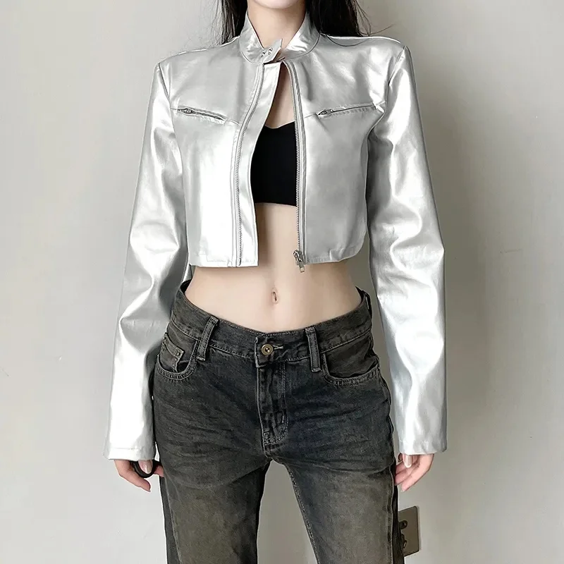 

Silvery Stand Up Collar Zipper PU Leather Jacket New Women's 2026 Short Motorcycle Coat Spring Autumn Fashion Tops Outerwear