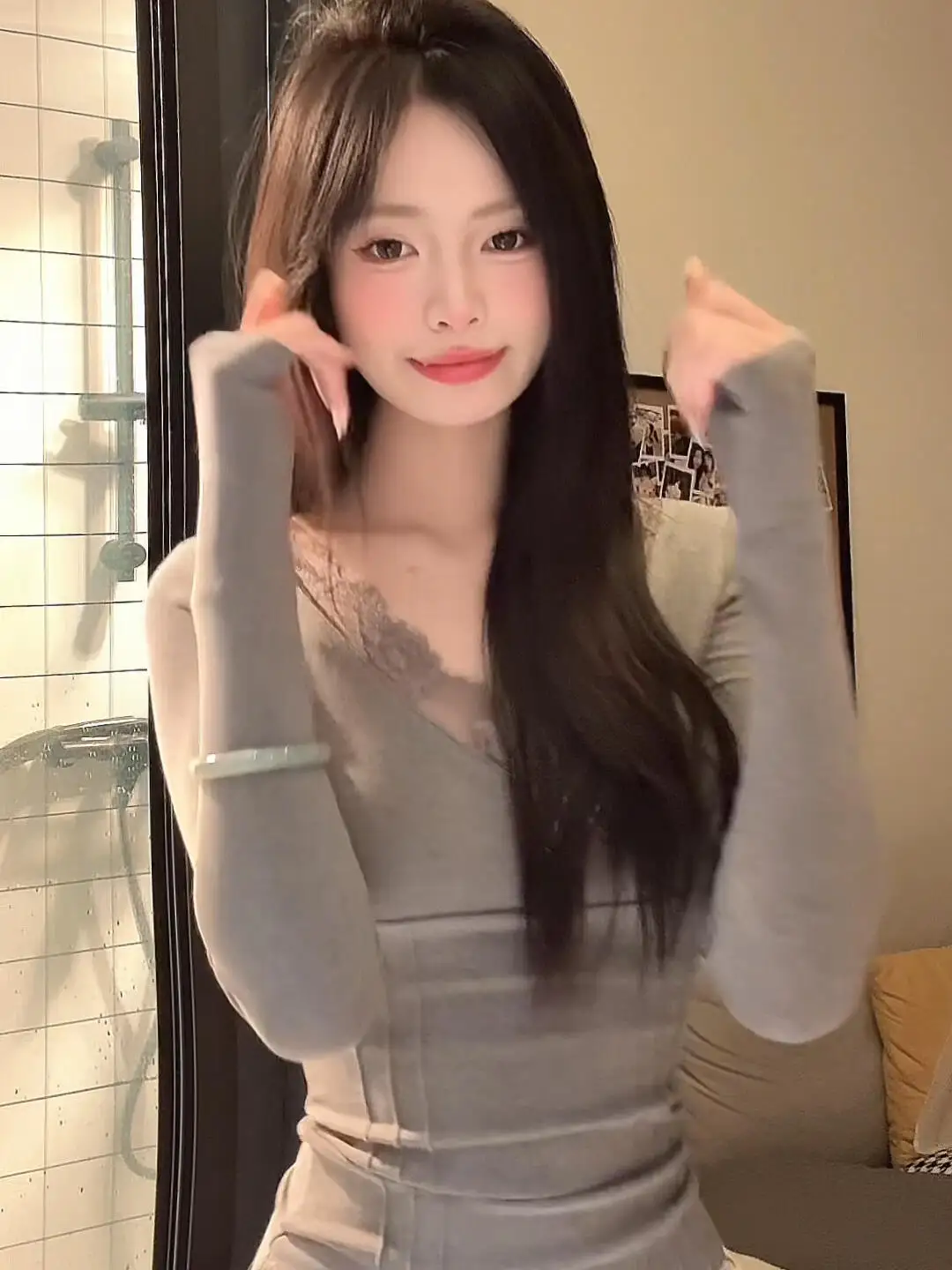 Camiseta Longa Feminina de Renda Americana Retrô com Detalhes em Fibone, Top Sexy e Slimming para Outono e Inverno, Estilo Coreano