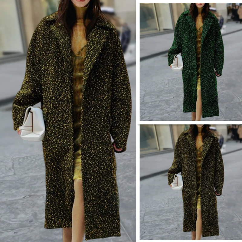 

Casual Street Women Coats Trench Woolen X-Long Sequin Coats Glitter Pocketed Women's Trench Overcoat Outerwear Winter S-3XL