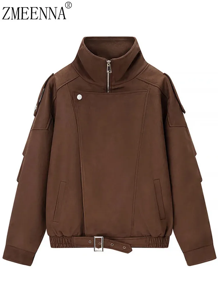 

ZMEENNA женская коричневая куртка из искусственной замши с высоким воротником-стойкой, диагональная молния на талии с поясом, подол, модная уличная одежда, верхняя одежда ZM4498
