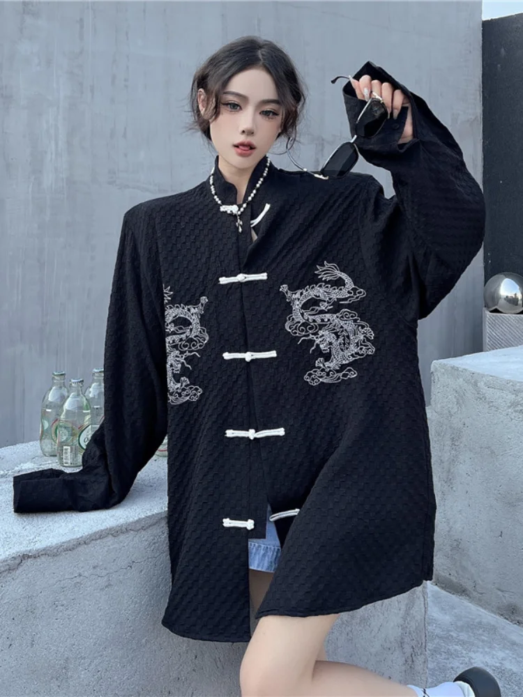 KOSAHIKI Chinese Style Vintage Button Blouse Women Dragon Embroidery Black Shirt  Y2k Aesthetic Harajuku Blusas Streetwear