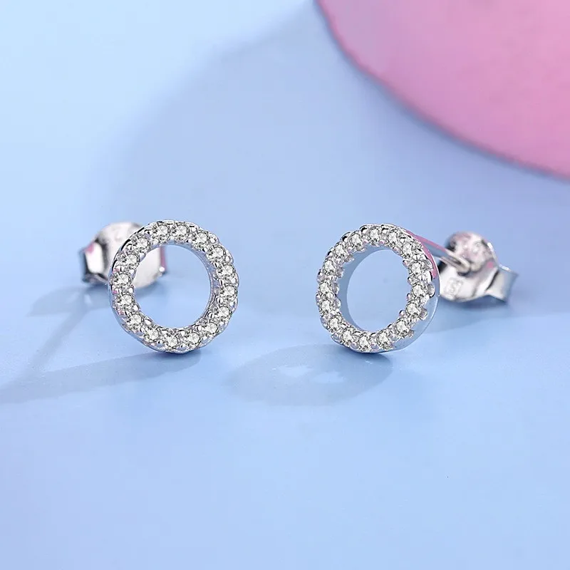 

S925 Sterling Silver Full Diamond Circle Studs Earrings Women Fashion Jewelry