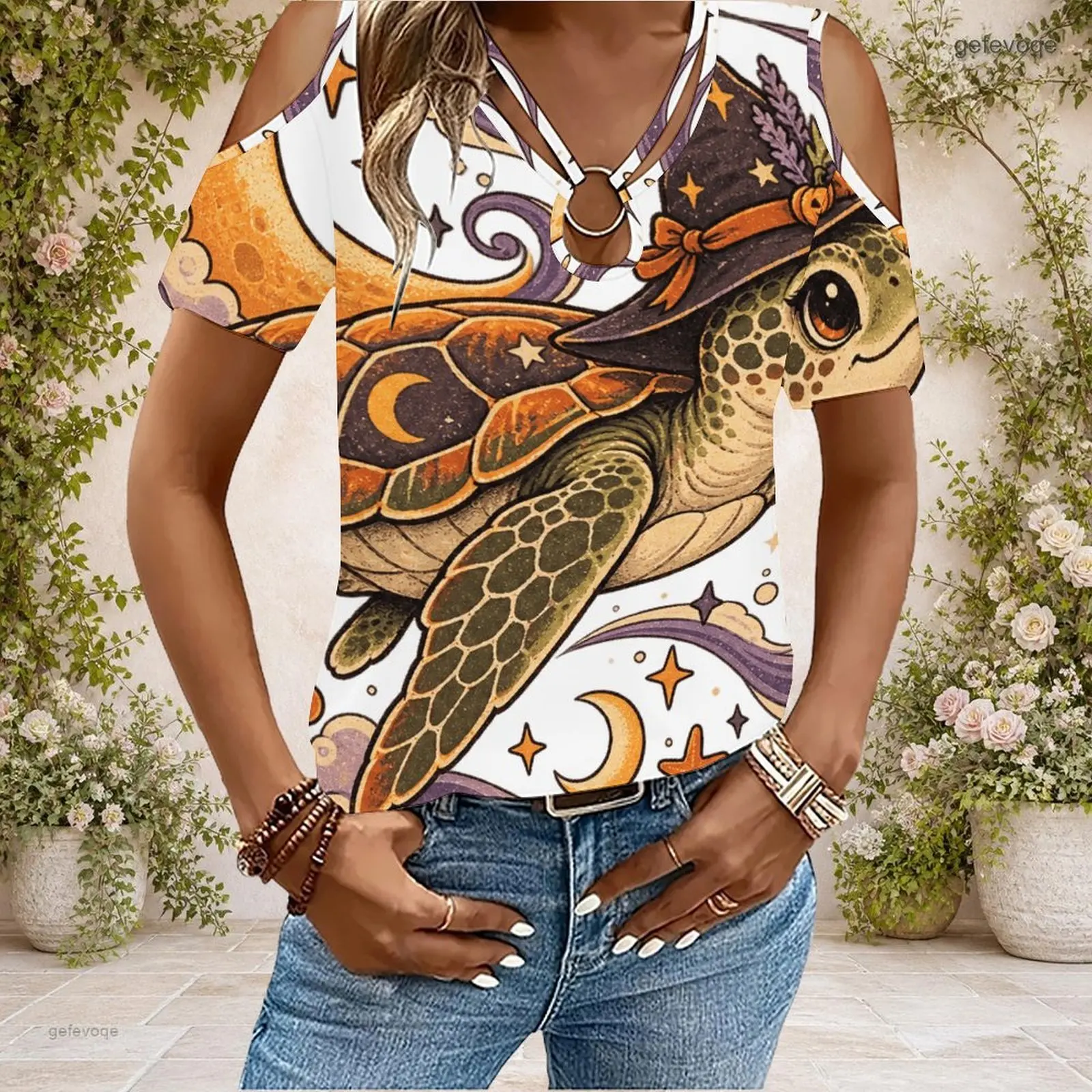 Women Cold Shoulder Short Sleeve T Shirt V Neck O Ring Keyhole Cutout Loose Casual Top Custom Print Ladies Daily Blouse