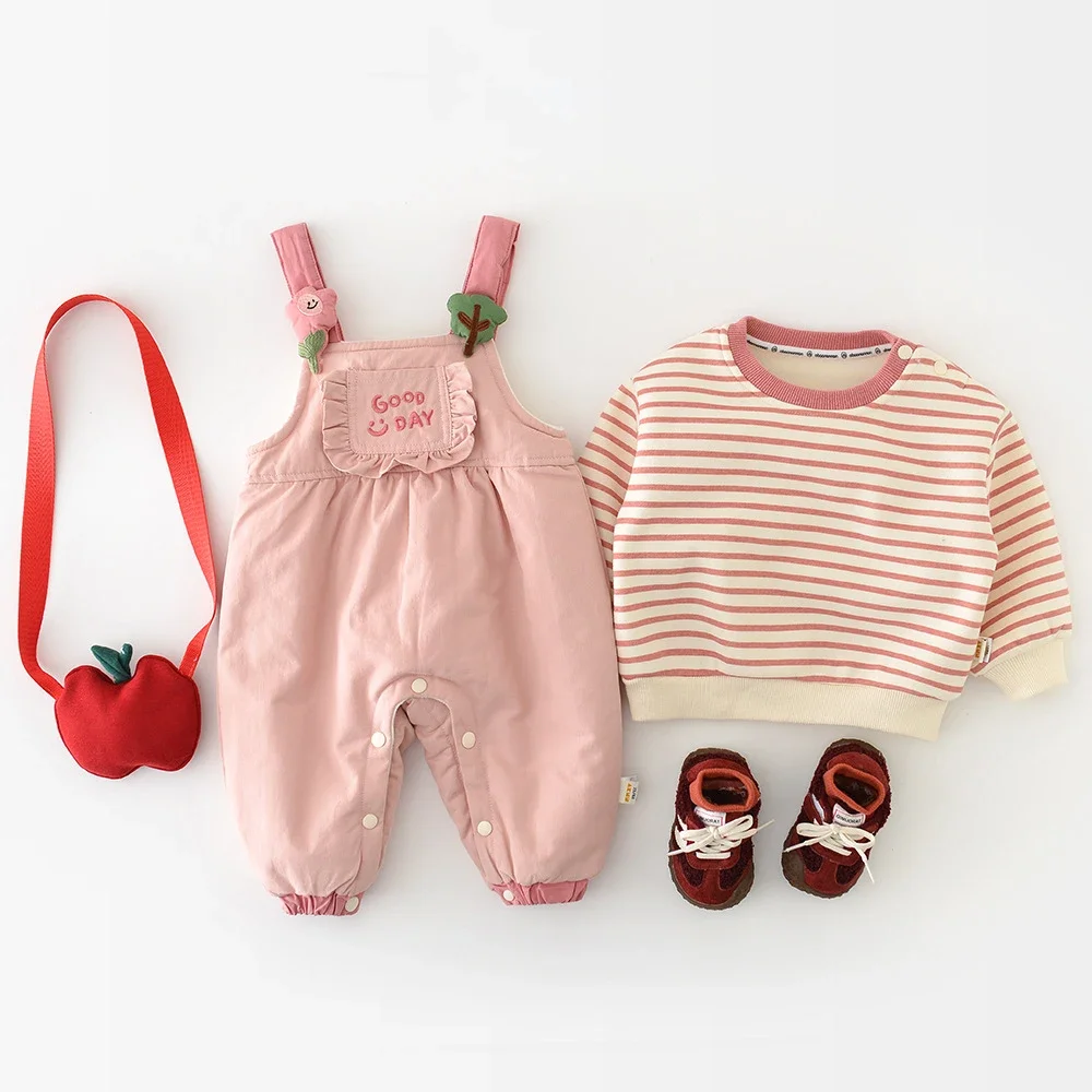 

LILIGIRL New Winter Baby Pink Rompers 6M-3T Cute Letter Flower Girls Infant Overall Fleece Padded Loose Toddler Jumpsuit