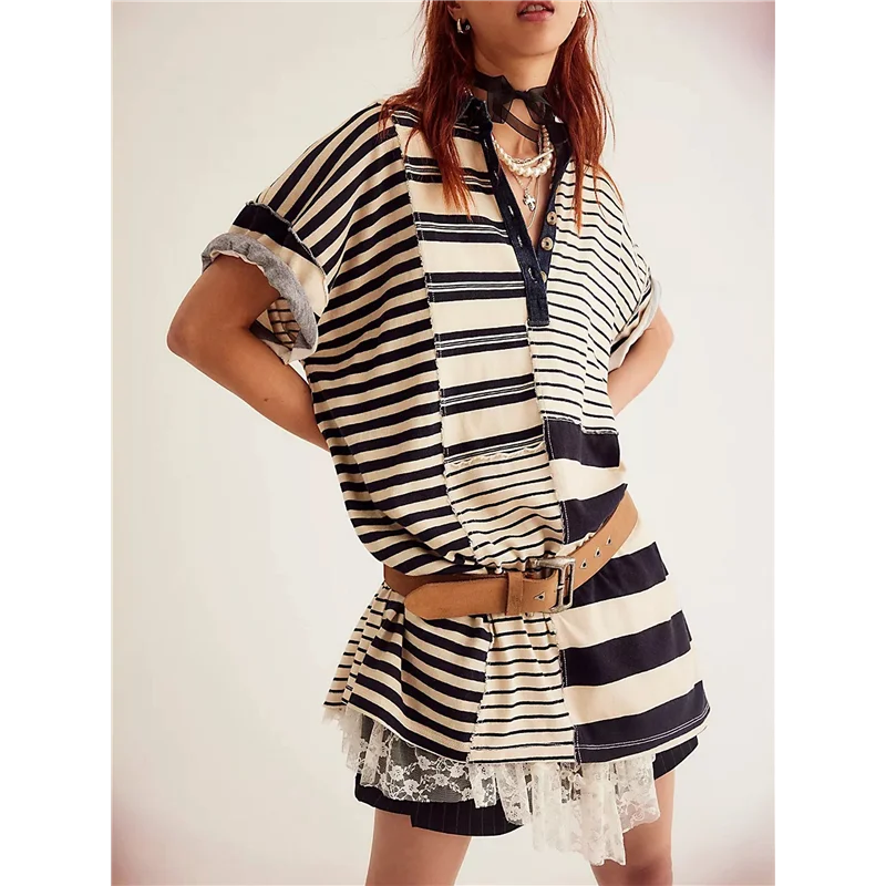 FX-Women コントラストストライプベビードール Y2k 夏パッチワーク T シャツドレスヴィンテージ V ネック半袖ドレス