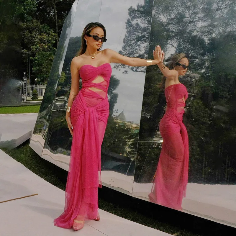 

2025 Spring New Women's Clothing Fashionable Sexy One-word Collar Perspective Slim Dress Women