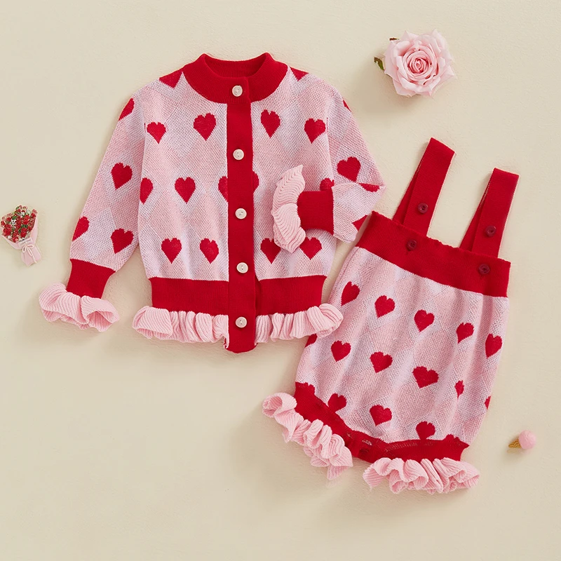 Infant Baby Girl Valentine's Day Outfits Fall Winter Heart Print Long Sleeve Button Down Cardigan Knit Romper Overalls 2Pcs Sets