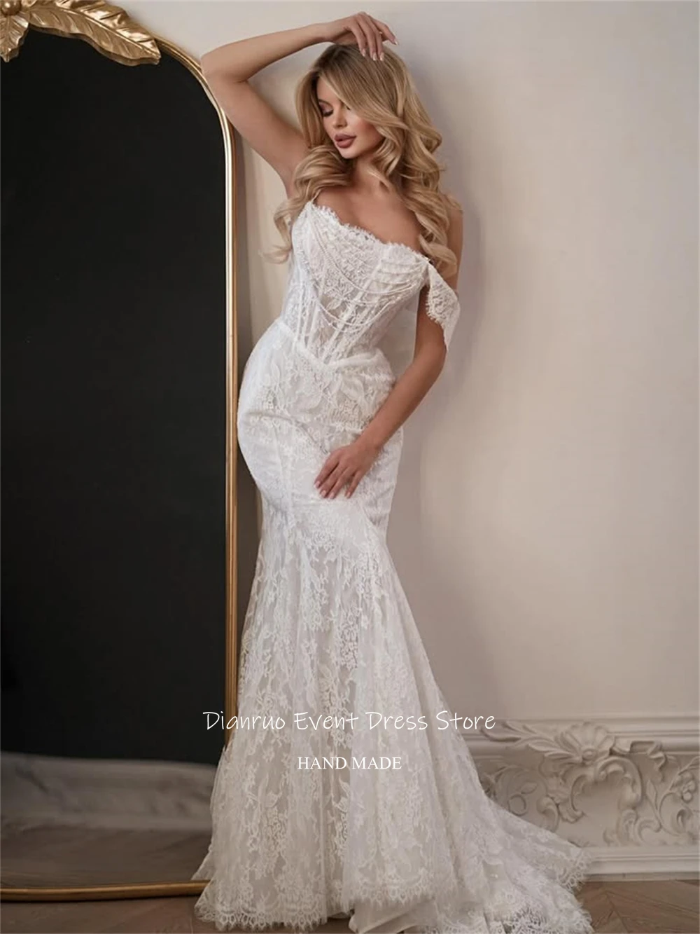 Dianruo Mermaid Romantic Wedding Dress Lace Delicate Vestido De Noiva Appliques Ruched Bridal Vestidos Novia Bohemio Customized