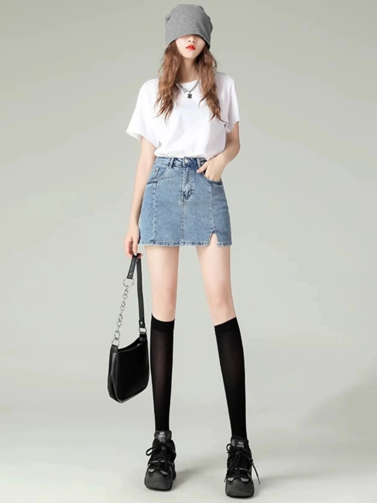 

High Waist Denim Skirt Women's Spring Summer New Side Slit Elastic Slimming Anti Exposure A-Line Wrap Skirt